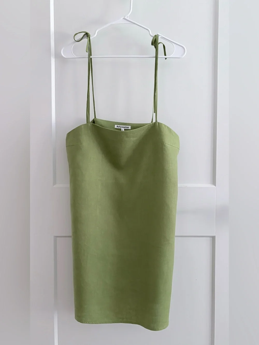 Reformation Aubree Linen Mini Slip Dress with Tie Straps in Olive